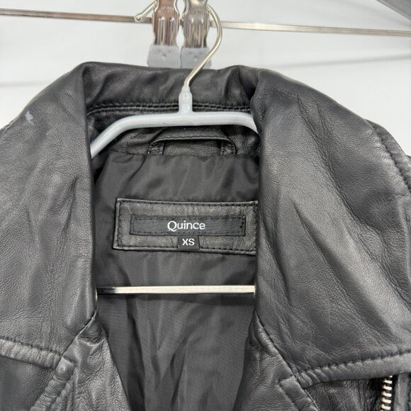 Quince Women's Black Leather Motorcycle Jacket size XS Sheep Leather Belted - Picture 6 of 11